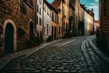 A quaint alleyway with cobblestones in a medieval European city.