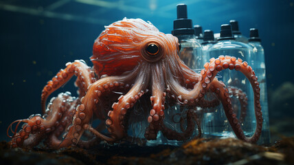 octopus and bottle of wine on the black background
