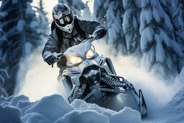 Fototapeta na wymiar People on a snowmobile in a snowy forest. Winter activities and sports