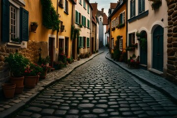 Fototapeta na wymiar A picturesque street with cobblestones in a European village, adorned with lovely homes.