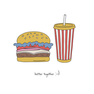 Retro style traditional fast food meal burger and soda drink in a striped cup vector illustration isolated on white. Better together phrase. Groovy food print.