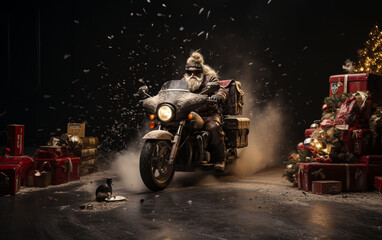 Święty Mikołaj jedzie na motorze z prezentami. - obrazy, fototapety, plakaty