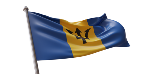 Barbados flag waving isolated on white transparent background, PNG.