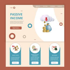 Passive income flat landing page website template. Invest rate, intellectual property, blogger. Web banner with header, content and footer. Vector illustration.
