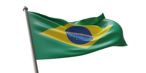 Brazil flag waving isolated on white transparent background, PNG.