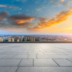 Empty square floors and city skyline at sunset. Panoramic view