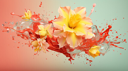  a yellow flower is splashing with red and white paint.  generative ai