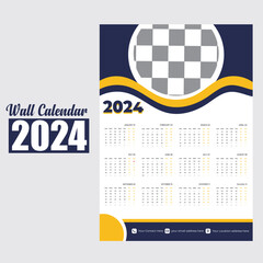 Wall Calendar 2024 Template Design. One Page Calendar. 12 Months Calendar. 