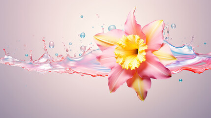  a pink and yellow flower with water splashing on it.  generative ai