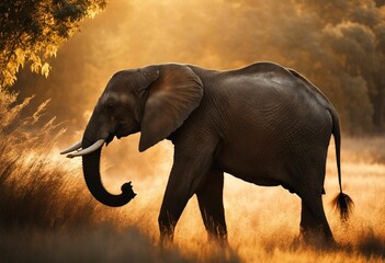 AI generated illustration of a majestic elephant striding through a lush grassy landscape