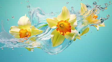 Fototapeta na wymiar a group of yellow flowers floating in a pool of water. generative ai
