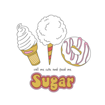 Sweet dessert creamy ice cream cone cotton candy donut vector illustration isolated on white. Call me cute and call me sugar phrase. Groovy food print.