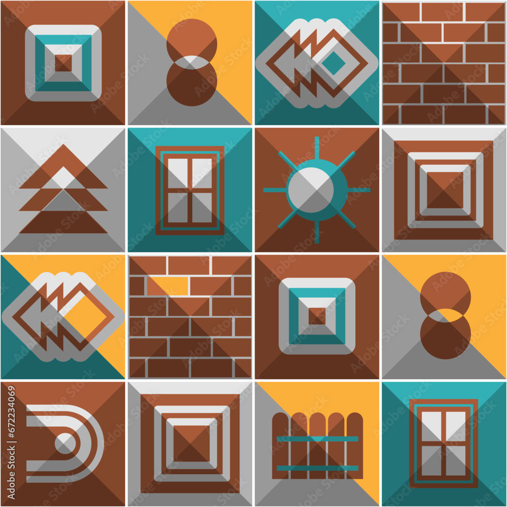 Aufkleber seamless multi-colored pattern in the bauhaus style with isometric panels decorated with various obj