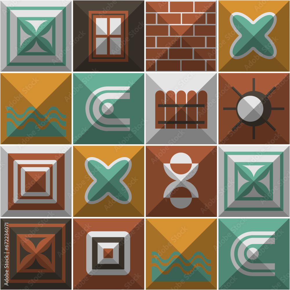 Poster seamless bauhaus pattern with isometric panels decorated with various objects. vector illustration
