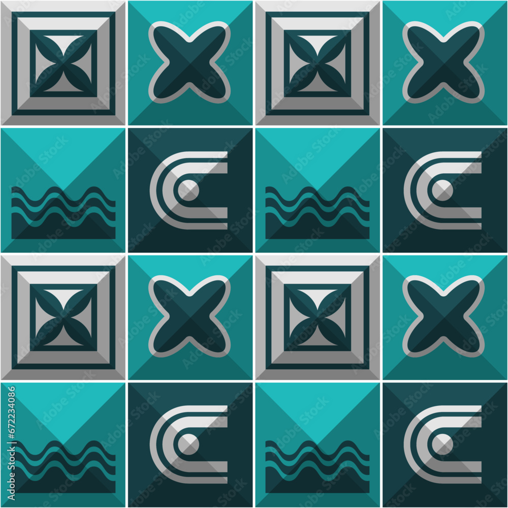 Poster seamless bauhaus pattern with isometric panels decorated with several geometric shapes. vector illus