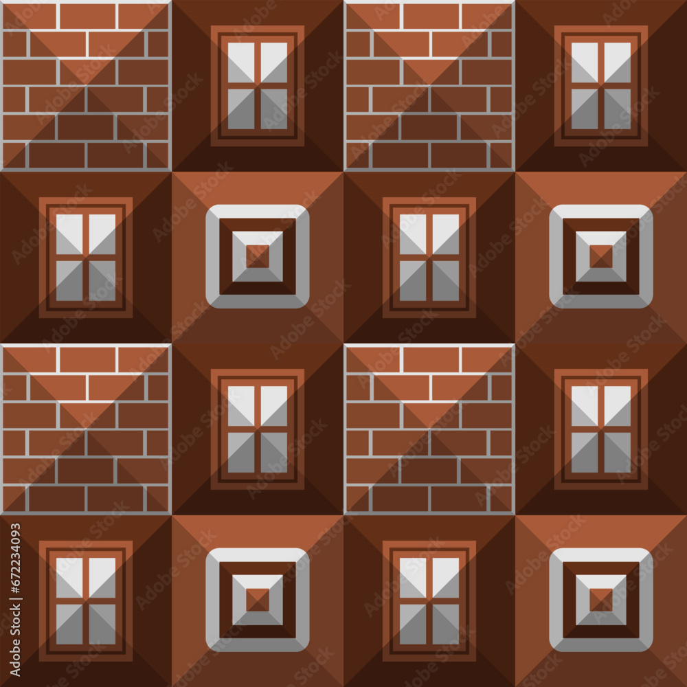 Poster seamless bauhaus style patern with isometric panels decorated with three building elements - window,