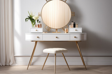 Empty modern, minimal beige dressing table, gold handle drawer storage, twig glass vase, round vanity mirror in cream wall bedroom in sunlight for luxury beauty, cosmetic, generative AI