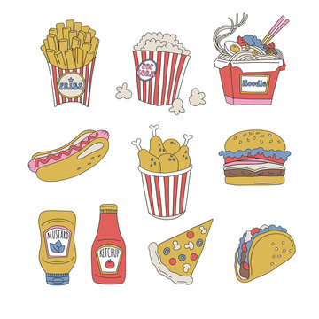American Asian fast food restaurant burger hot dog pizza tacos french fries noodle vector illustration set isolated on white. Groovy food print collection.