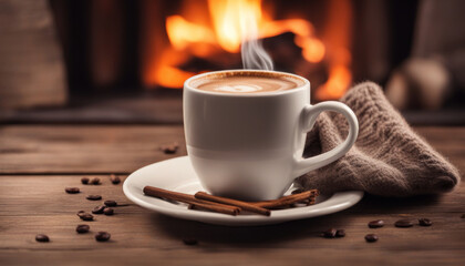 Warm Ambiance Coffee Cup on Wooden Table with Fireplace in the Background