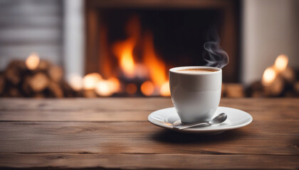Warm Ambiance Coffee Cup on Wooden Table with Fireplace in the Background