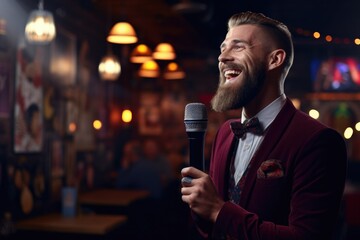Male stand-up comedian talking in cafe and having stand up comedy show - obrazy, fototapety, plakaty