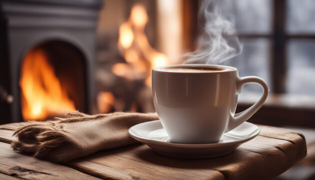 Warm Ambiance Coffee Cup on Wooden Table with Fireplace in the Background