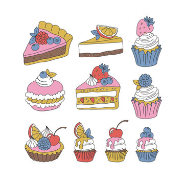 Retro style sweet dessert cake pie cupcake with berries and fruits vector illustration set isolated on white. Groovy food print collection.
