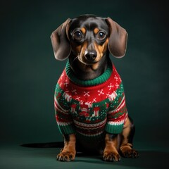 cute little dog wearing an ugly christmas sweater - portrait photo - obrazy, fototapety, plakaty