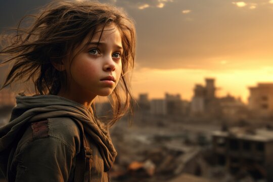 A little girl in an empty city destroyed by war, refugees without a home and parents, stop the war and aggression. In hands with a plush toy and a weapon for self-defense