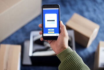 Phone screen, person hands and online shopping payment, digital credit card or pay shipping distribution with banking app. Smartphone, omnichannel or home customer with export, fintech sales or boxes