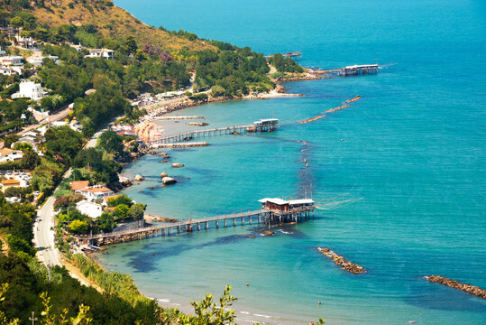 Mediterranean sea coast with traditional fishing trabocco, idillic seascape