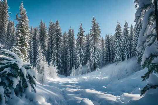 A woodland blanketed in snow and home to tall evergreen trees.