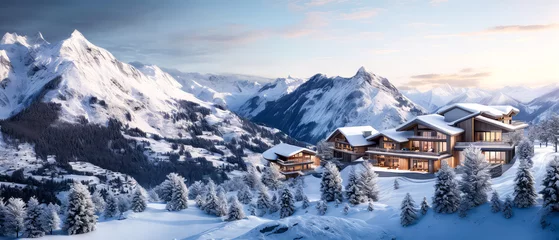 Fotobehang Winter Mountain resort background. Scenery hotels of Alps on snowy winter landscape. Vacation, travelling concept. Copy space. Alpine panoramic view. Generative ai © Inai