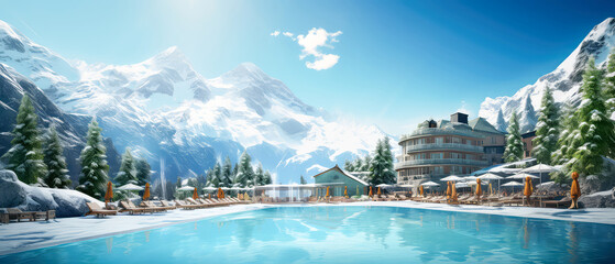 Winter Mountain resort background. Scenery hotels of Alps on snowy winter landscape. Vacation, travelling concept. Copy space. Alpine panoramic view. Generative ai
