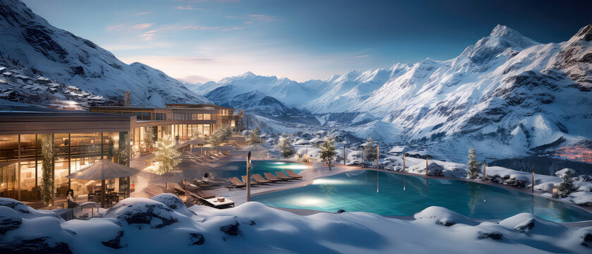 Winter Mountain resort background. Scenery hotels of Alps on snowy winter landscape. Vacation, travelling concept. Copy space. Alpine panoramic view. Generative ai
