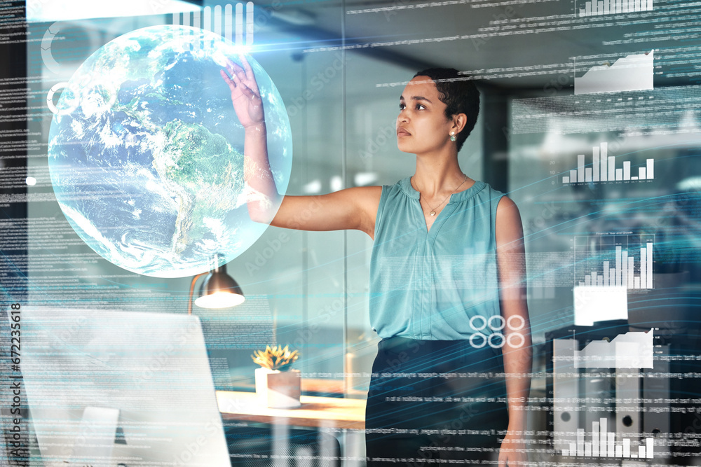 Poster world, virtual reality or overlay with a business black woman using a ai ux interface to access meta