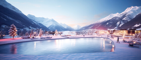 Winter Mountain resort background. Scenery hotels of Alps on snowy winter landscape. Vacation, travelling concept. Copy space. Alpine panoramic view. Generative ai