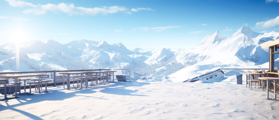 Winter Mountain resort background. Scenery hotels of Alps on snowy winter landscape. Vacation, travelling concept. Copy space. Alpine panoramic view. Generative ai - obrazy, fototapety, plakaty