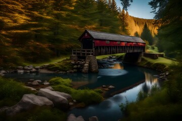 Fototapeta premium A peaceful creek is crossed by a wooden covered bridge.