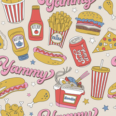 American Asian fast food restaurant yammy hot dog pizza french fries noodle vector seamless pattern. Groovy food background.
