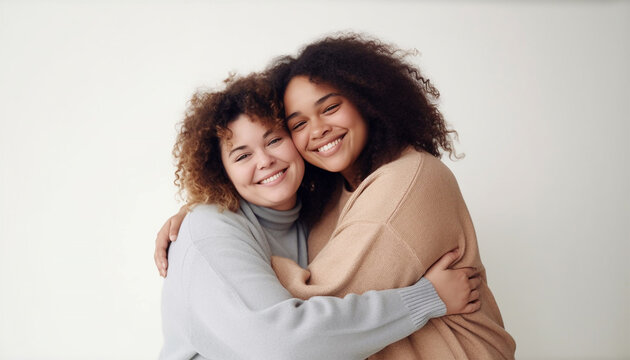 Two diversity pretty positive girls toothy smile hugging isolated on white background. Young lesbian lovers couple embracing and looking camera. Friendship and homosexual relationship.