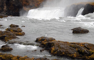 Top of the Goðafoss, (waterfall of the Gods) located in northern Iceland along ring road 1, where...