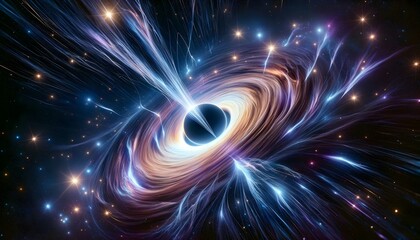 Fototapeta premium he image depicts a vibrant black hole at the center, warping the spacetime around it, pulling in a whirlpool of cosmic matter.