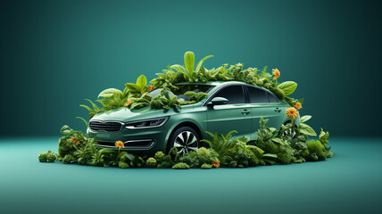 green car with a lot of plants and flowers