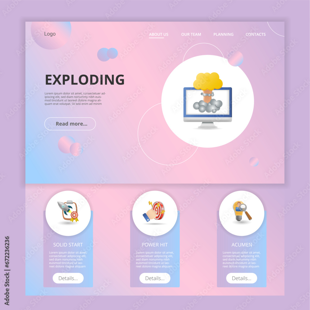 Aufkleber exploding flat landing page website template. solid start, power hit, acumen. web banner with header