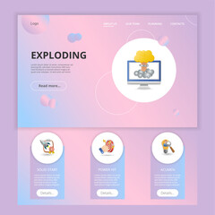 Exploding flat landing page website template. Solid start, power hit, acumen. Web banner with header, content and footer. Vector illustration.
