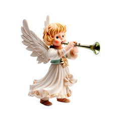 Fototapeta premium Angel Playing Trumpet Figurine. Isolated on transparent background. 