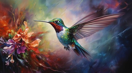 Vibrant hummingbird in flight, soaring past a multi-colored background