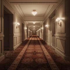 Photo shot in Detail shot, classical hotel hallway, 3d render. AI generated. - obrazy, fototapety, plakaty