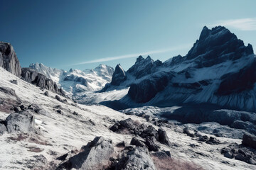 A Majestic View of Snow-Capped Mountains Under a Clear Blue Sky, ai generative